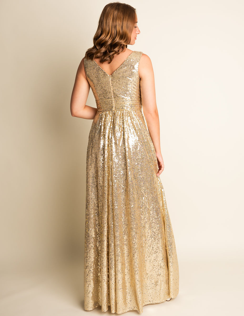 A-Line V-Neck Gold Sequin Bridesmaid Dress With Wide Straps #RJBM009