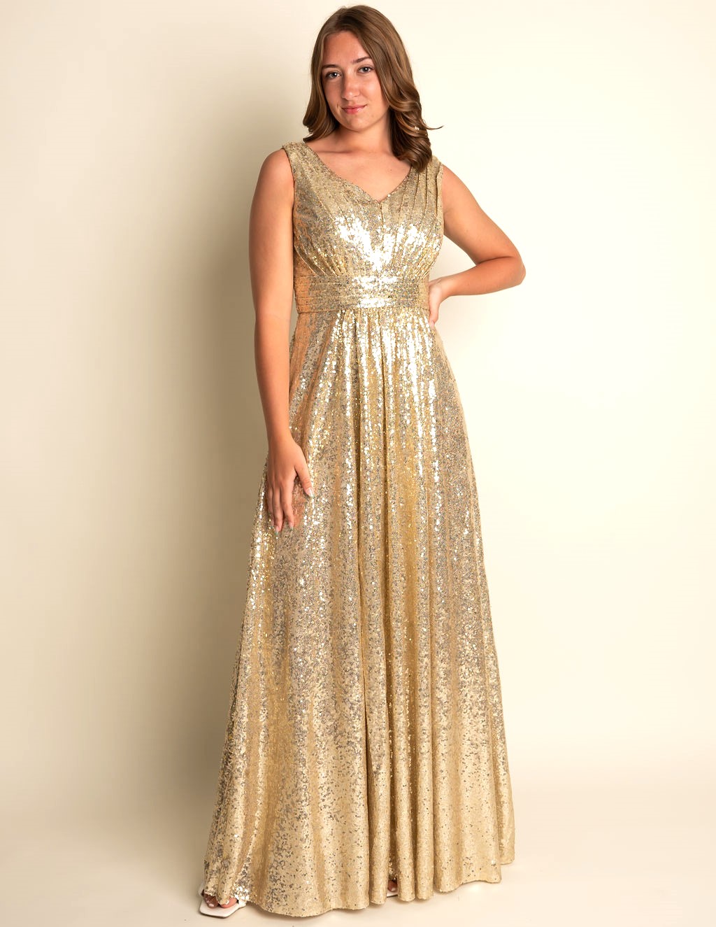 A-Line V-Neck Spaghetti Straps Gold Sequin Bridesmaid Dress #RJBM010