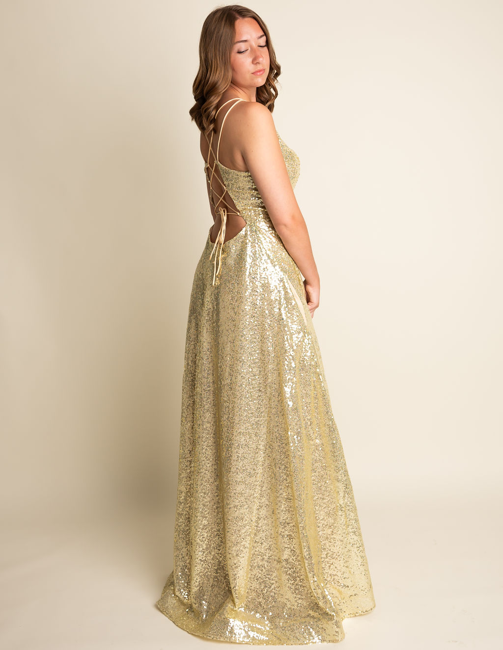 A-Line V-Neck Spaghetti Straps Gold Sequin Bridesmaid Dress #RJBM010