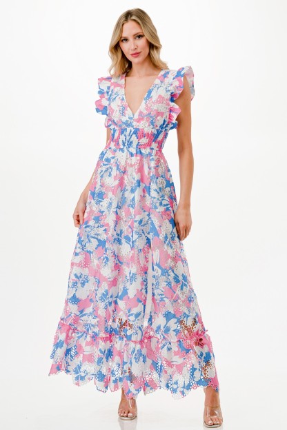 Floral Print Crochet Maxi Dress