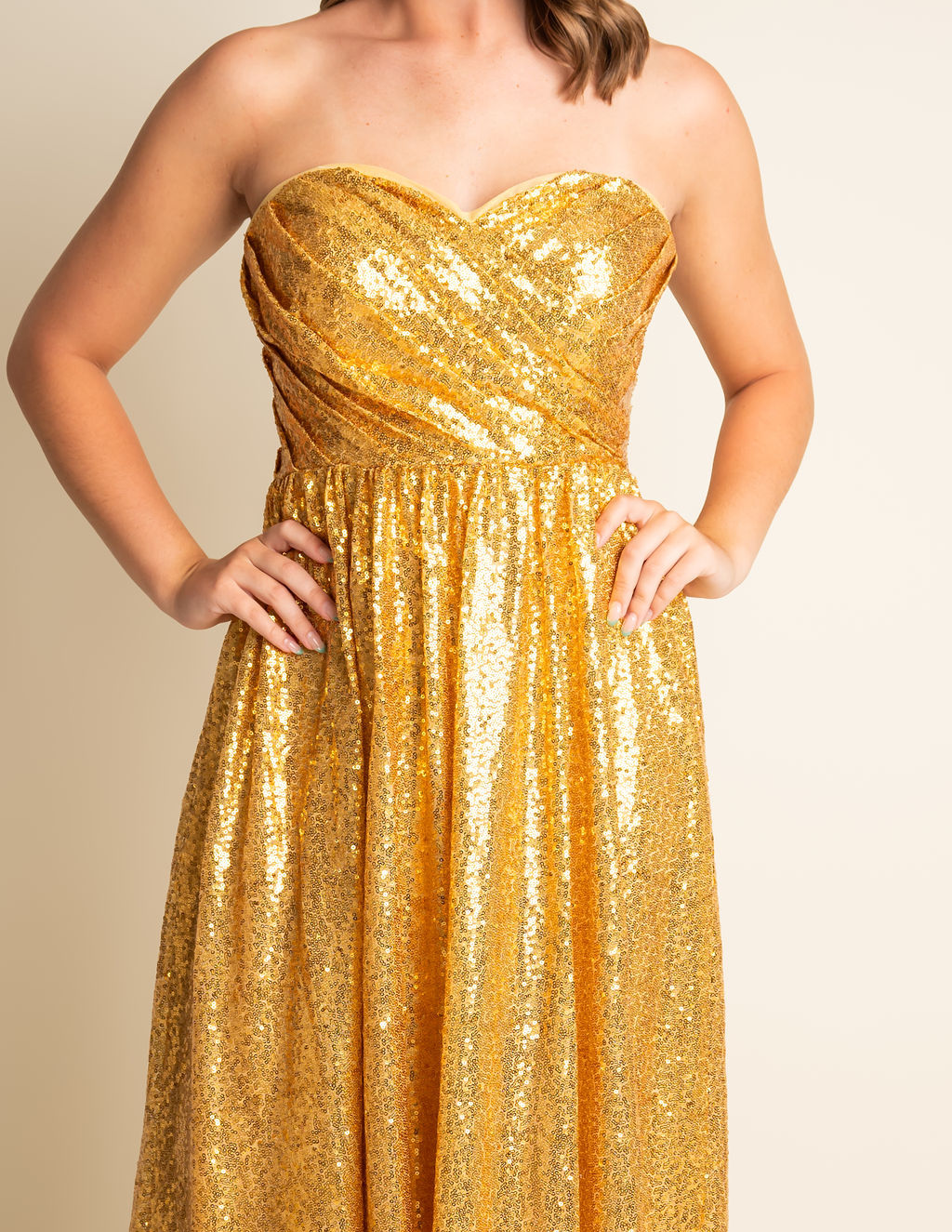 A-Line Sweetheart Dark Gold Strapless Sequin Bridesmaid Dress #RJBM013