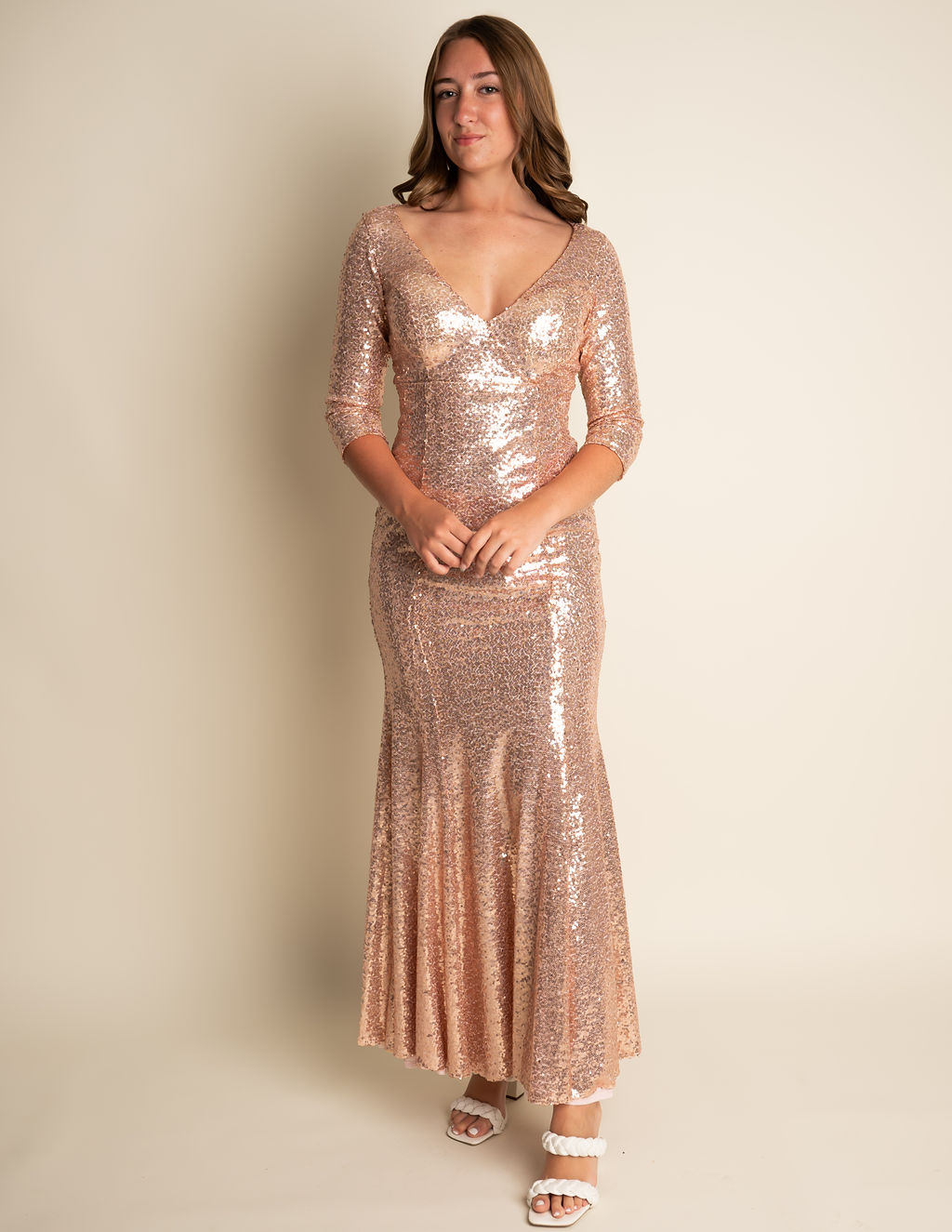 Fit and Flare Rose Gold V-neck Sequin 3/4 Sleeve Bridesmaid Dress #RJBM016