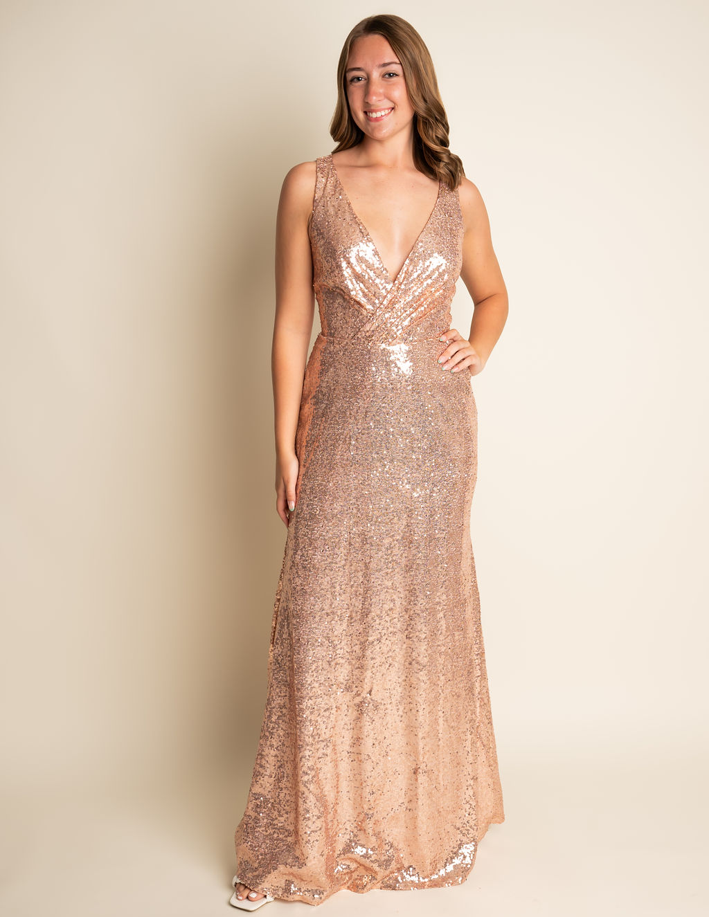 A-Line Rose Gold V-neck Sleeveless Sequin Bridesmaid Dress #RJBM017