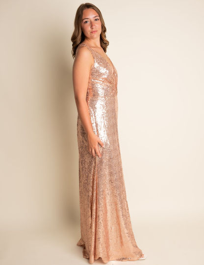 A-Line Rose Gold V-neck Sleeveless Sequin Bridesmaid Dress #RJBM017