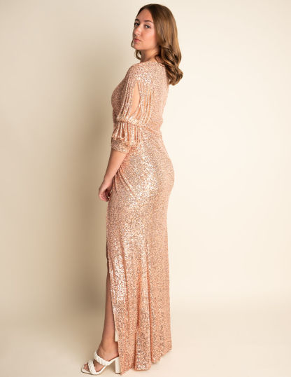 A-Line Rose Gold V-neck 3/4 Sleeve Sequin Bridesmaid Dress With Slit #RJBM015