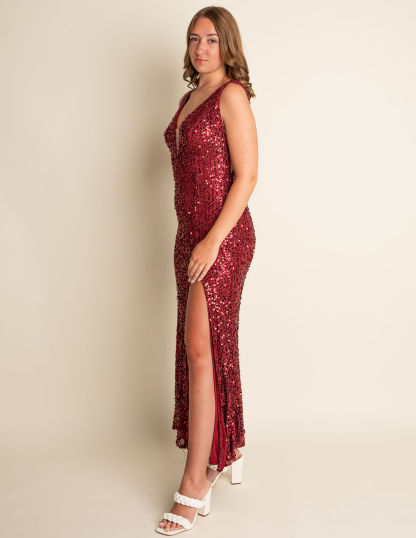 Sheath Burgundy Sequin Deep V-Neck Bridesmaid Dress With Slit #RJBM018