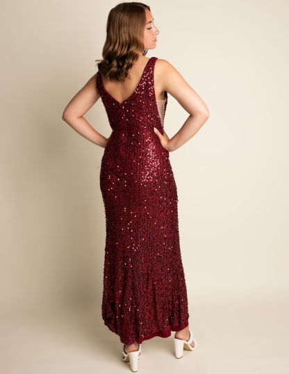 Sheath Burgundy Sequin Deep V-Neck Bridesmaid Dress With Slit #RJBM018