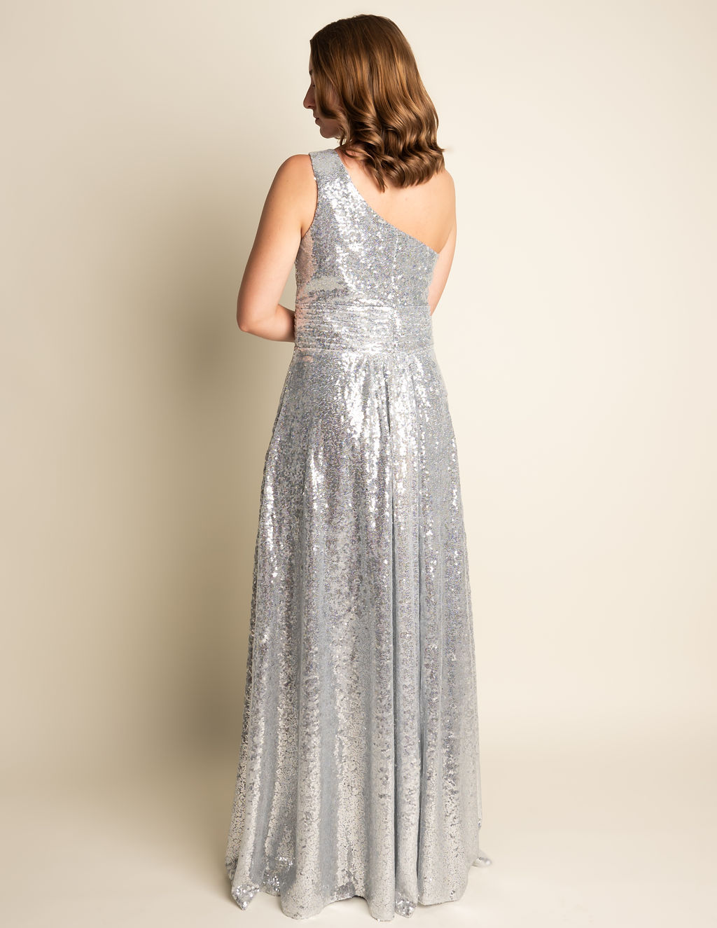 A-Line One Shoulder Ruffles Silver Sequin Bridesmaid Dress #RJBM019