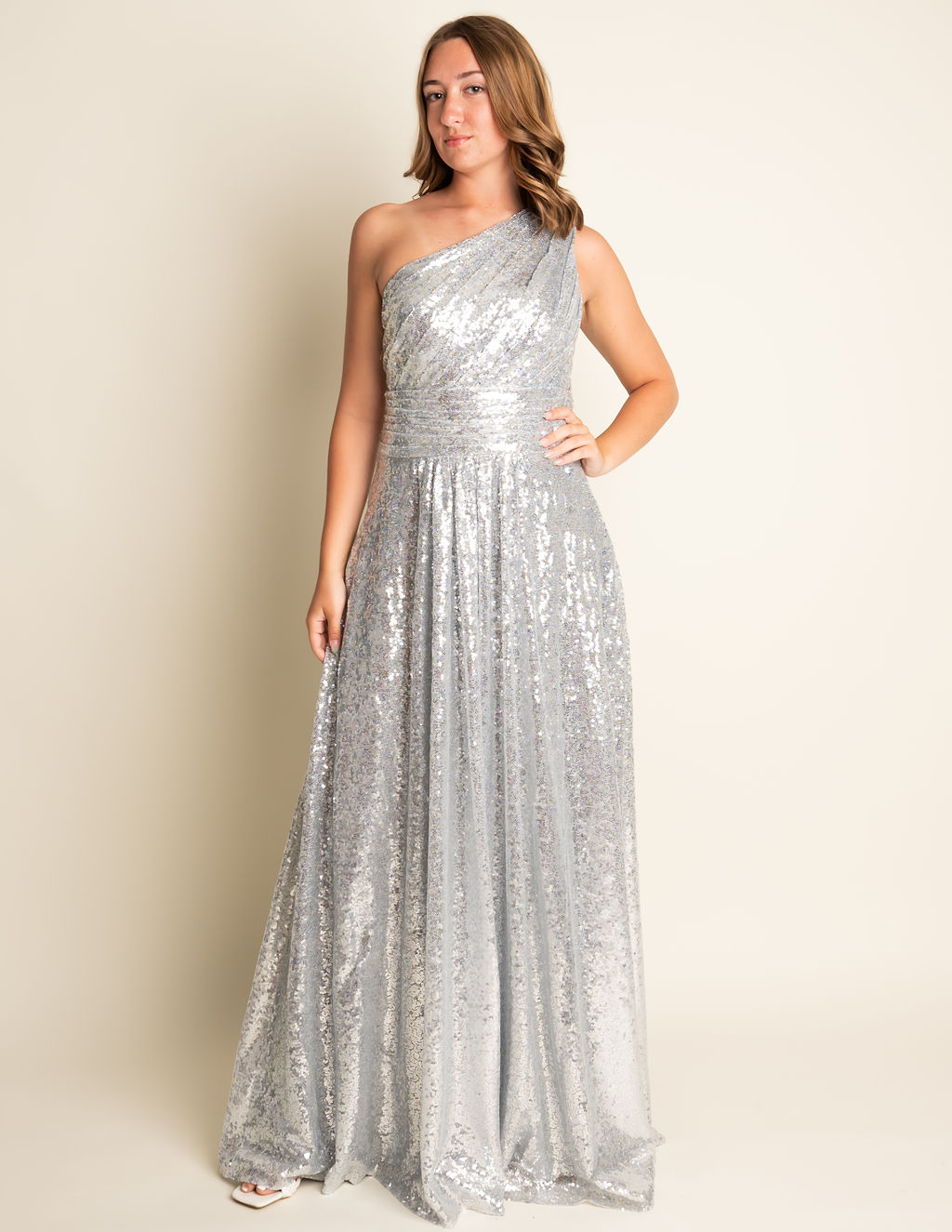 A-Line One Shoulder Ruffles Silver Sequin Bridesmaid Dress #RJBM019
