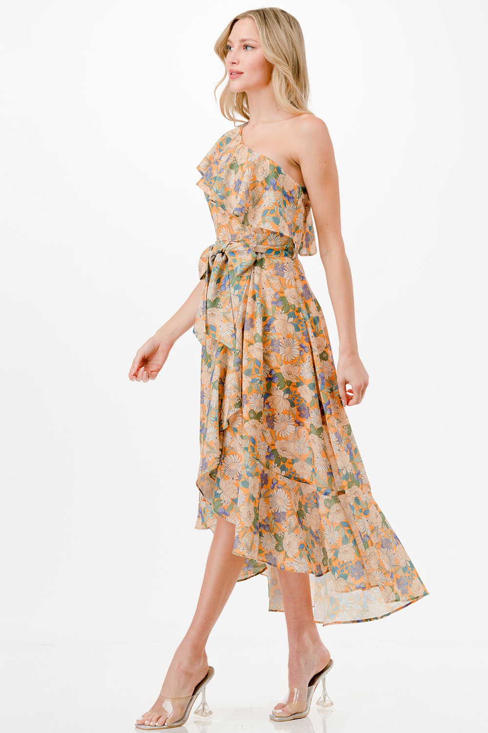 One Shoulder Floral Print Midi Dress