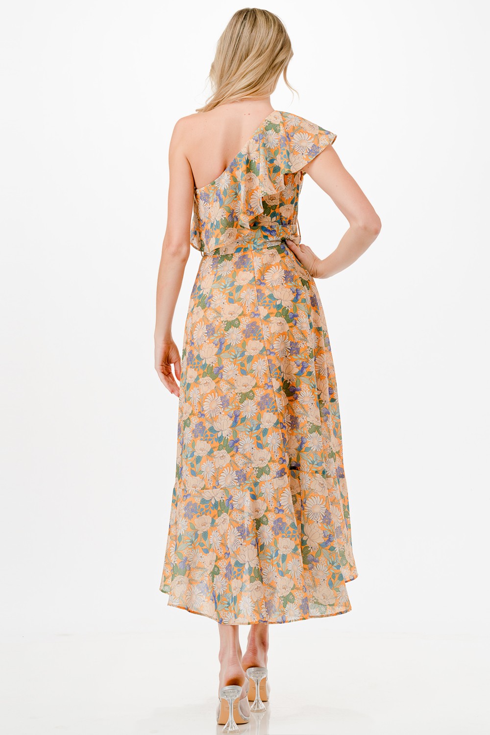 One Shoulder Floral Print Midi Dress