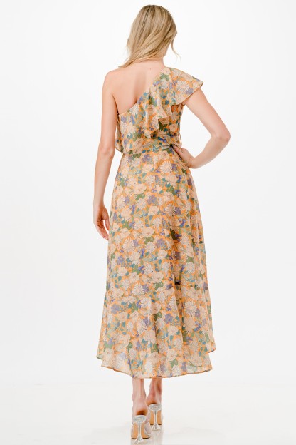 One Shoulder Floral Print Midi Dress