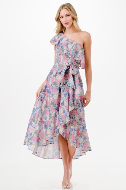One Shoulder Floral Print Midi Dress