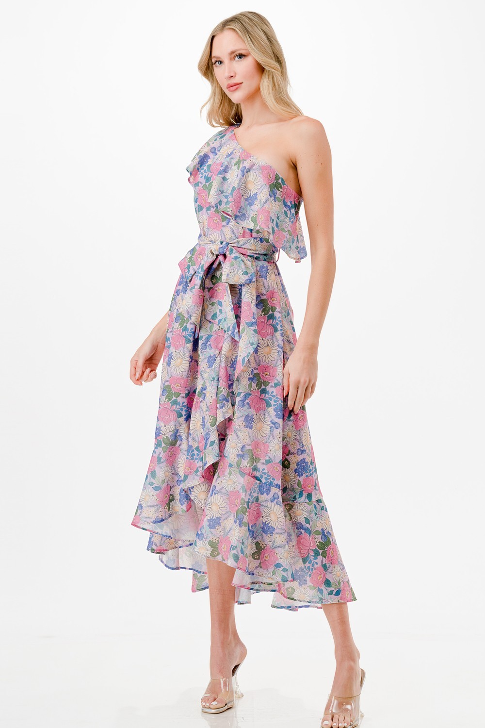 One Shoulder Floral Print Midi Dress