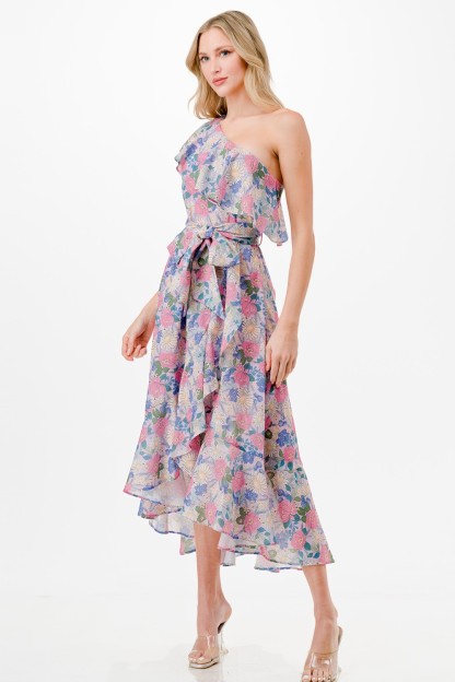 One Shoulder Floral Print Midi Dress