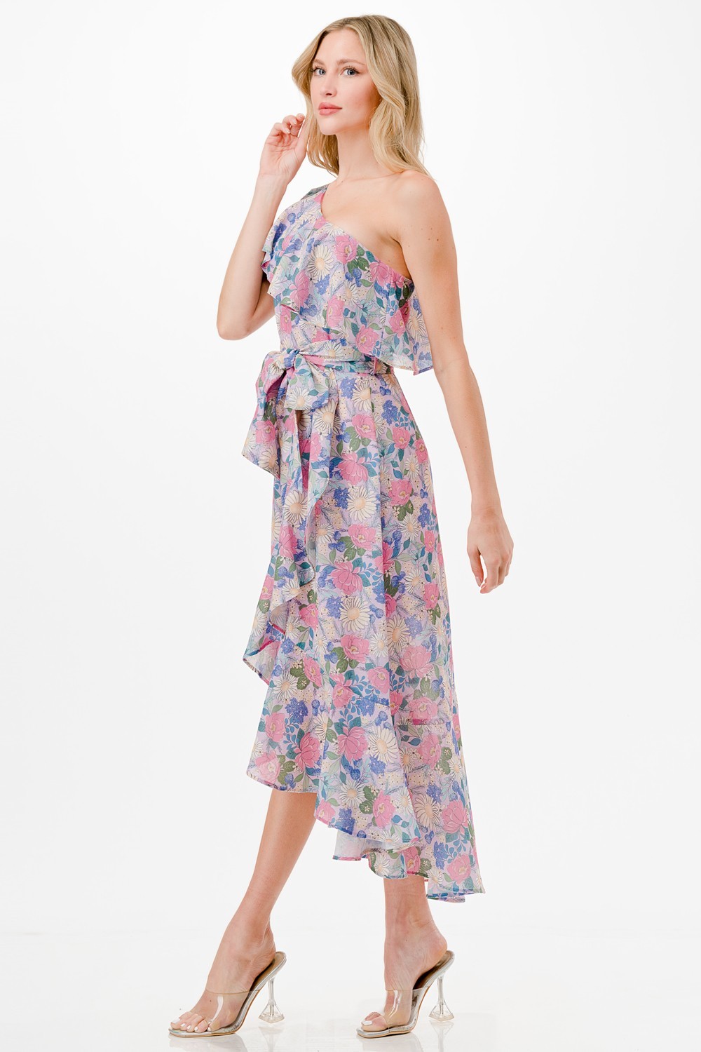 One Shoulder Floral Print Midi Dress