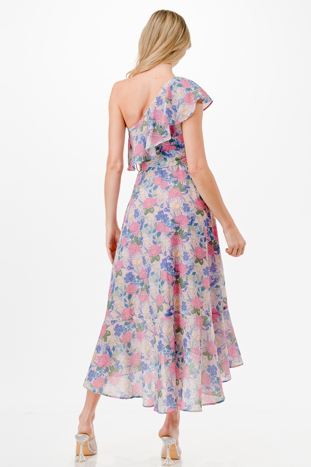 One Shoulder Floral Print Midi Dress