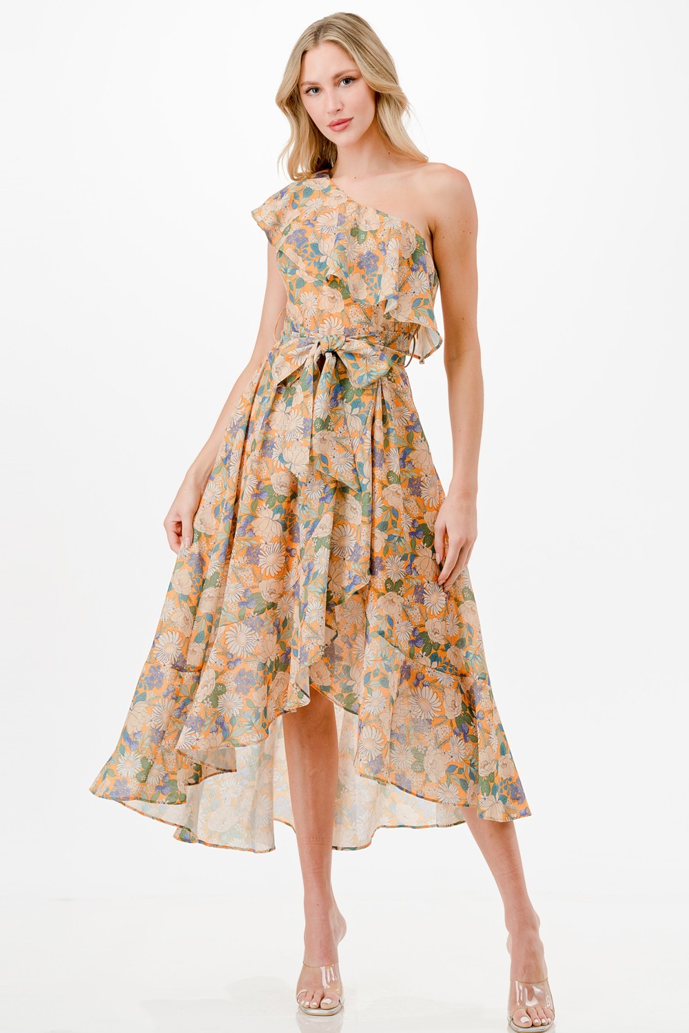 One Shoulder Floral Print Midi Dress