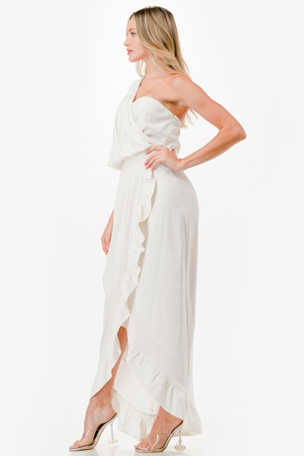 One Shoulder Ruffle Detail Midi Dress