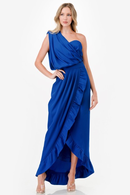 One Shoulder Ruffle Detail Midi Dress