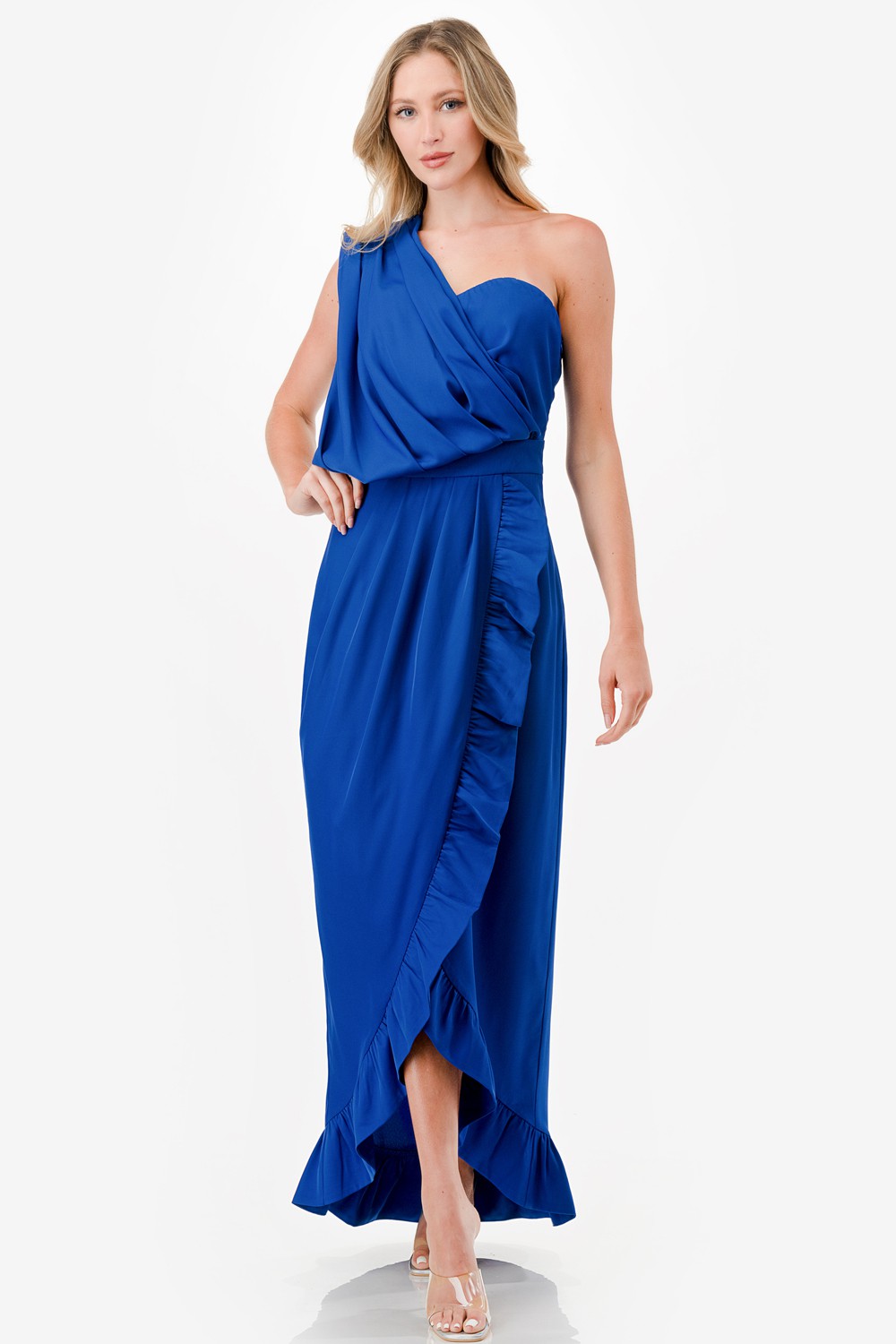 One Shoulder Ruffle Detail Midi Dress