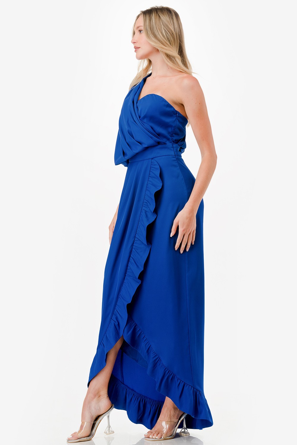 One Shoulder Ruffle Detail Midi Dress