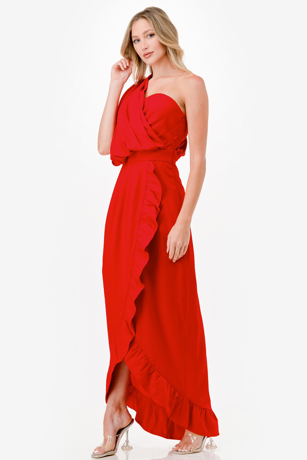 One Shoulder Ruffle Detail Midi Dress