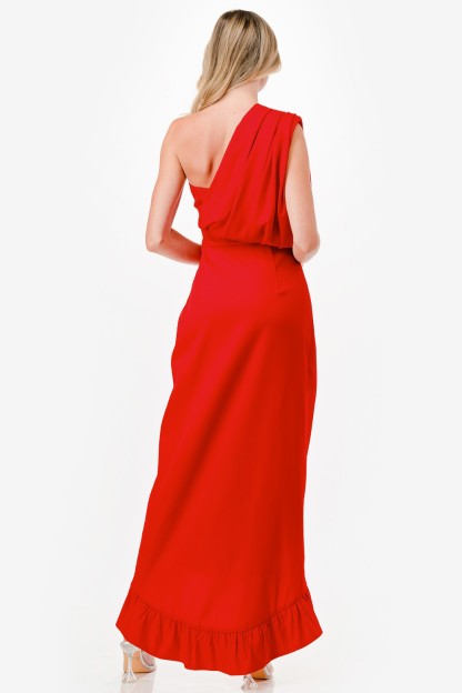 One Shoulder Ruffle Detail Midi Dress