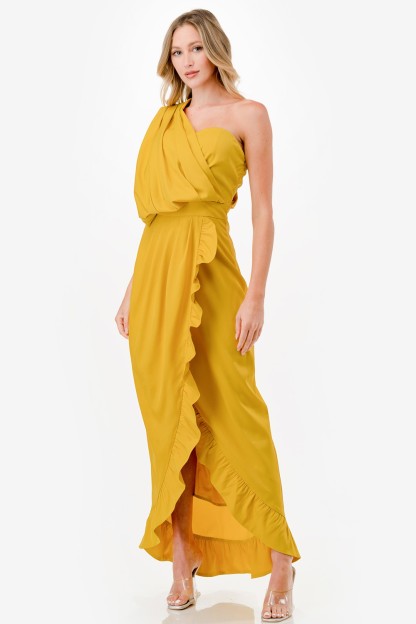 One Shoulder Ruffle Detail Midi Dress