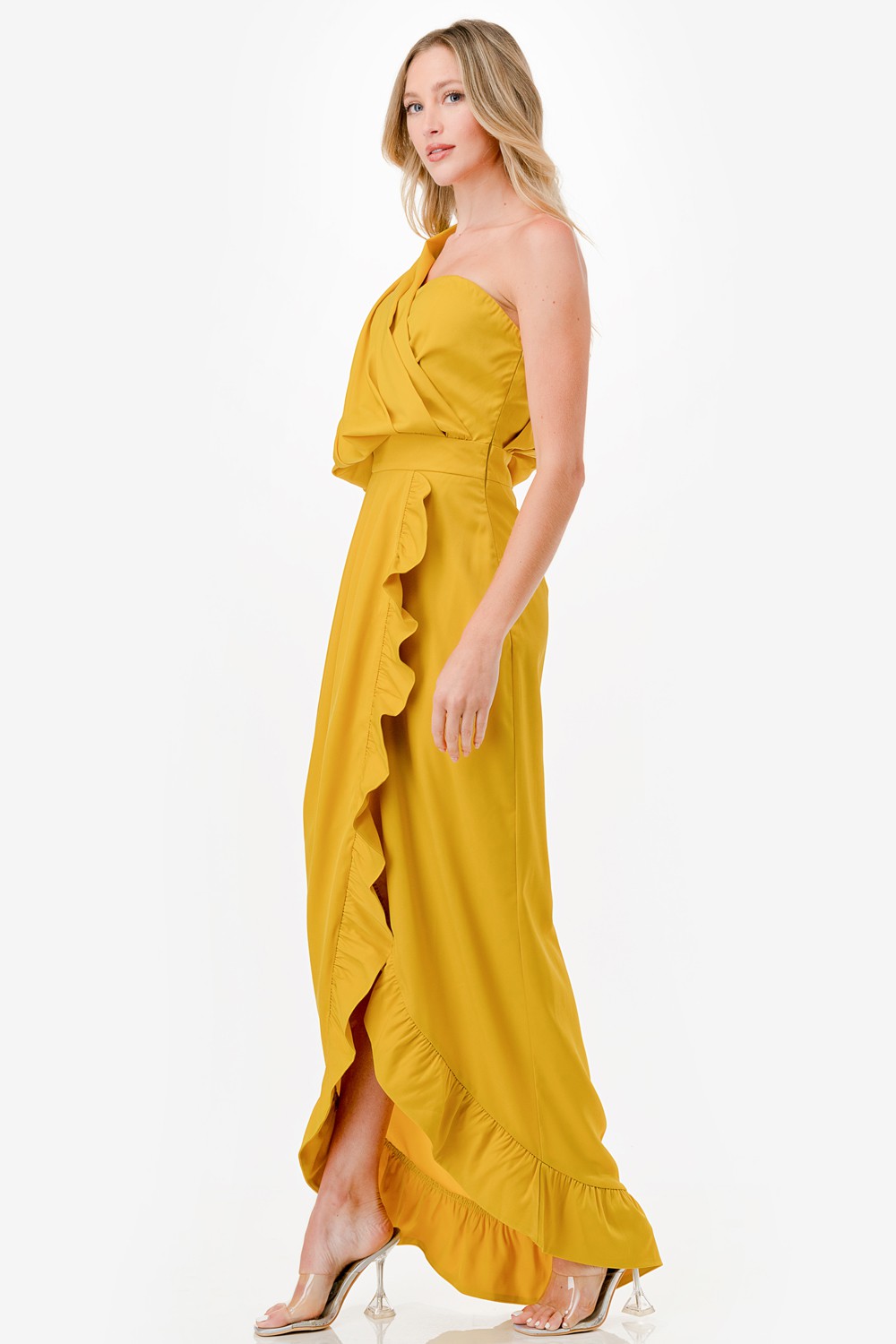 One Shoulder Ruffle Detail Midi Dress