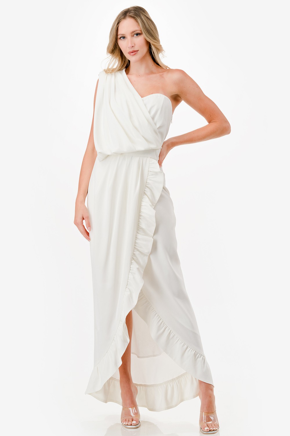 One Shoulder Ruffle Detail Midi Dress