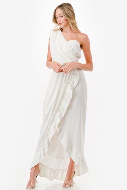 One Shoulder Ruffle Detail Midi Dress