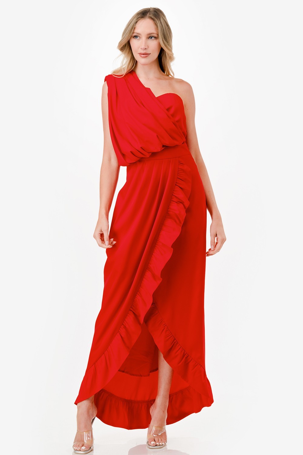 One Shoulder Ruffle Detail Midi Dress