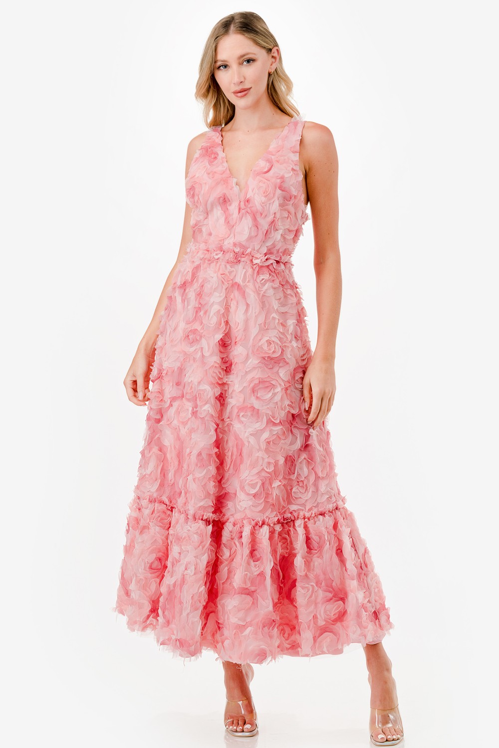 3D Floral Two Tone Midi Dress