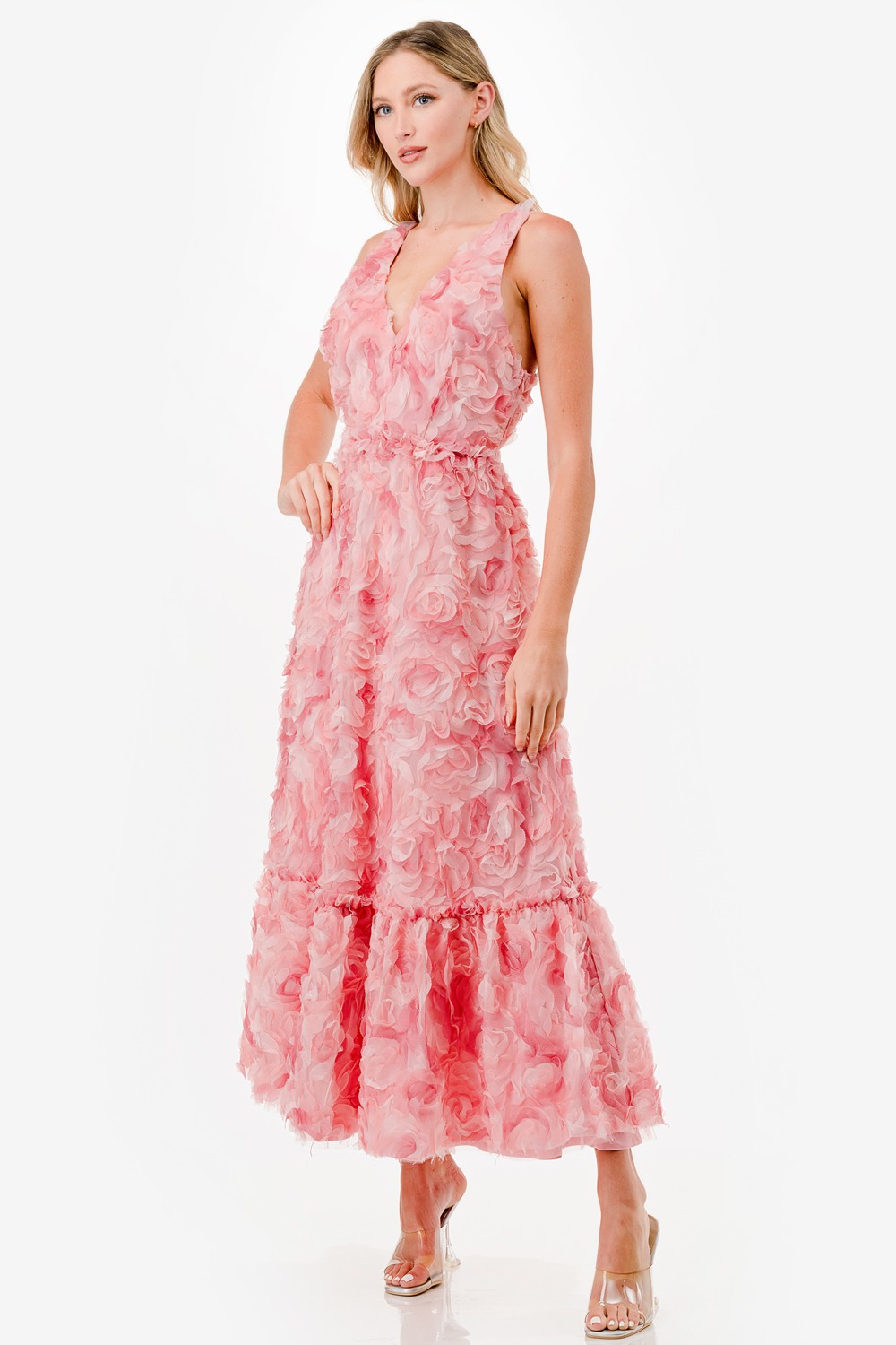 3D Floral Two Tone Midi Dress