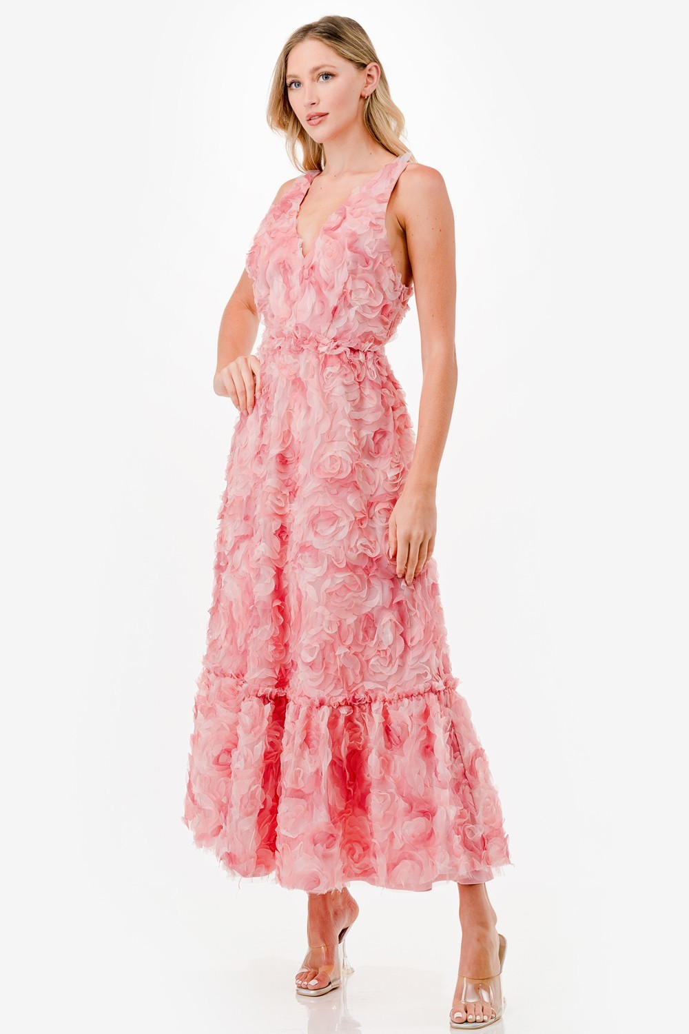 3D Floral Two Tone Midi Dress