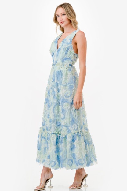 3D Floral Two Tone Midi Dress