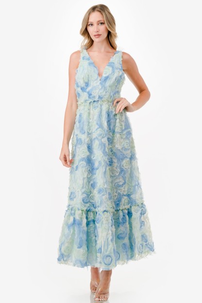 3D Floral Two Tone Midi Dress