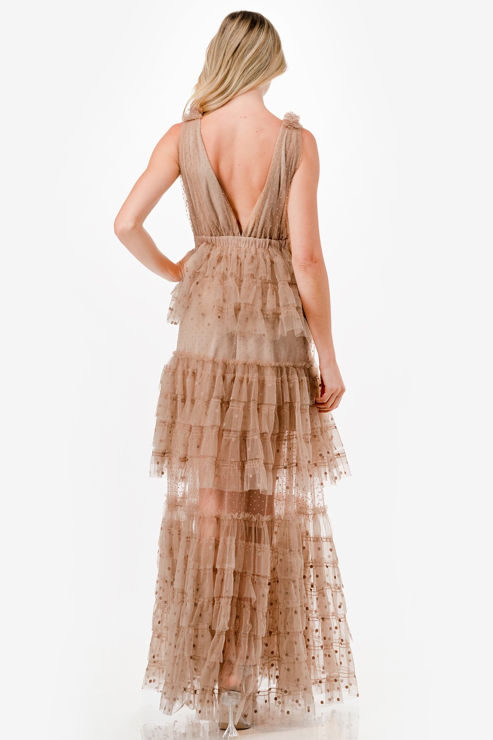 Dot Mix Fabric Mesh Maxi Dress