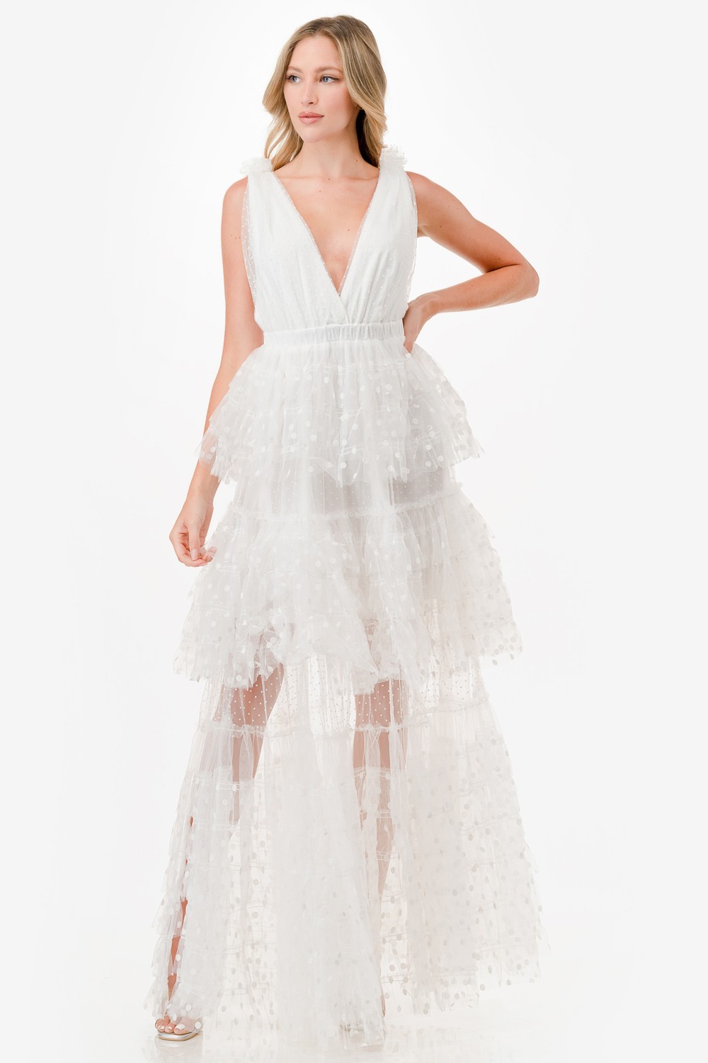 Dot Mix Fabric Mesh Maxi Dress