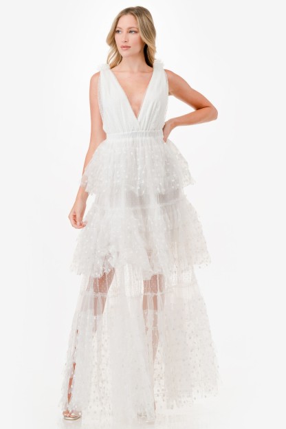 Dot Mix Fabric Mesh Maxi Dress