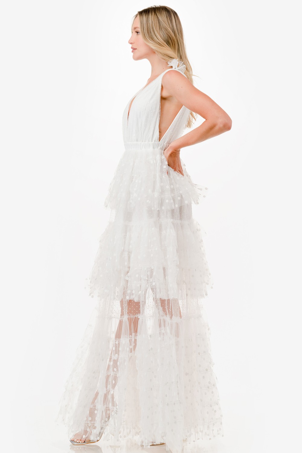 Dot Mix Fabric Mesh Maxi Dress