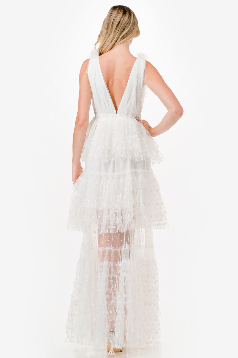 Dot Mix Fabric Mesh Maxi Dress