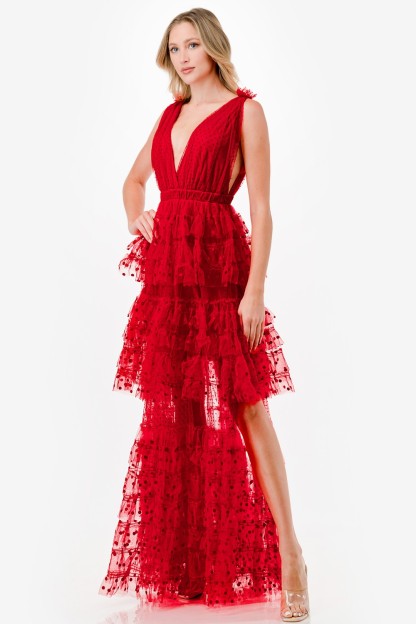 Dot Mix Fabric Mesh Maxi Dress