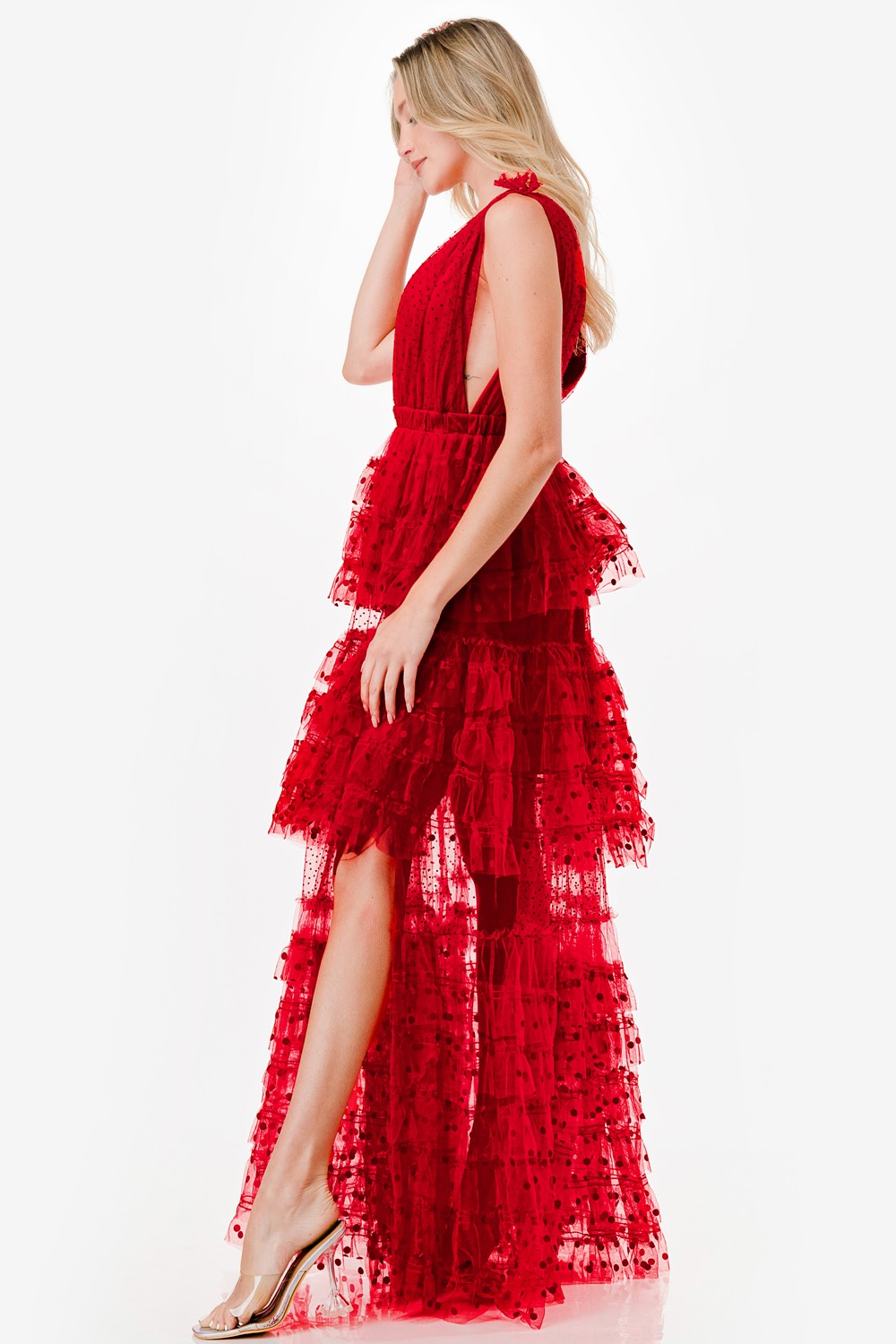 Dot Mix Fabric Mesh Maxi Dress