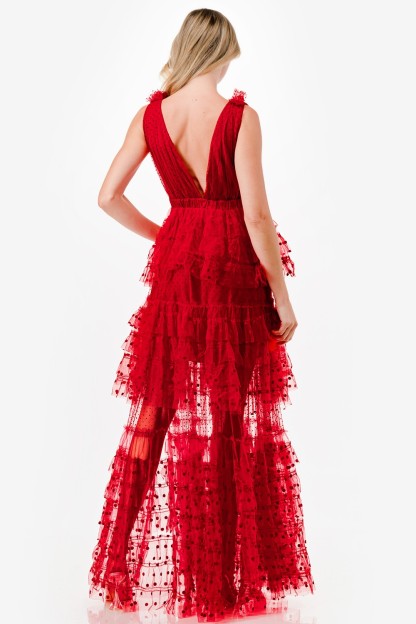 Dot Mix Fabric Mesh Maxi Dress