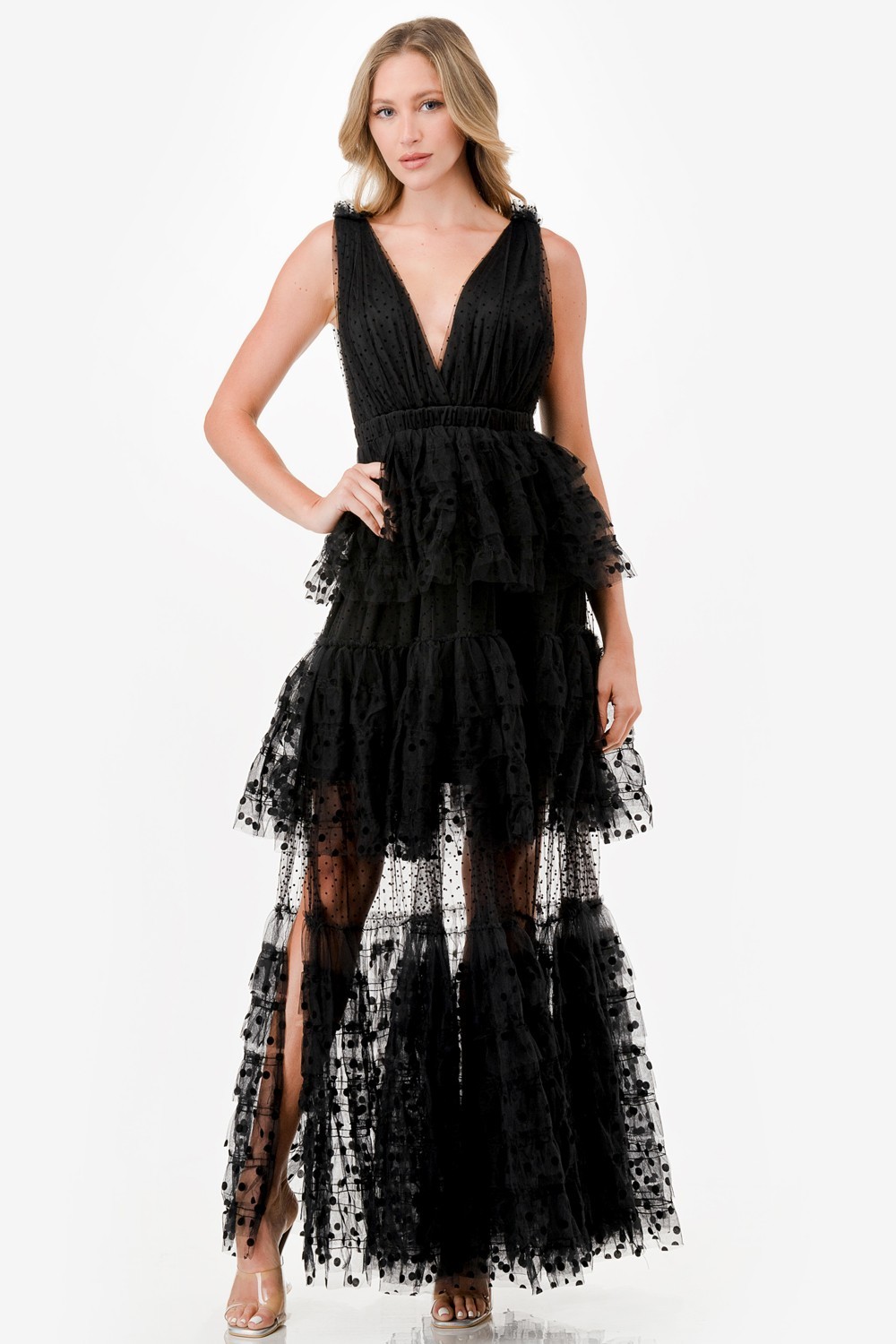 Dot Mix Fabric Mesh Maxi Dress