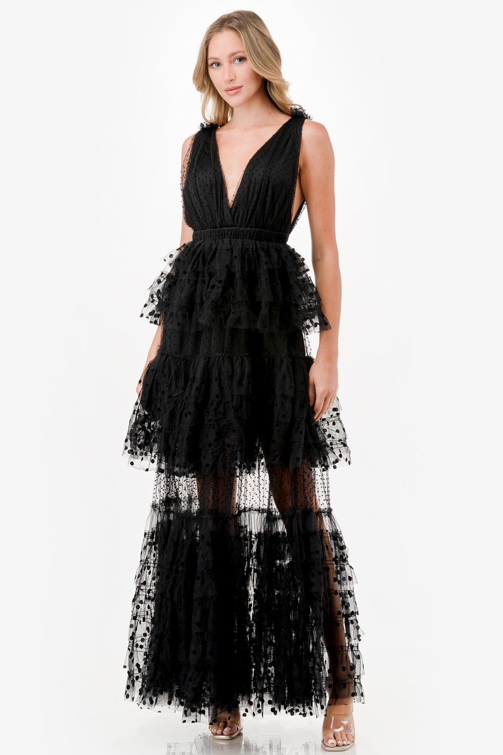 Dot Mix Fabric Mesh Maxi Dress