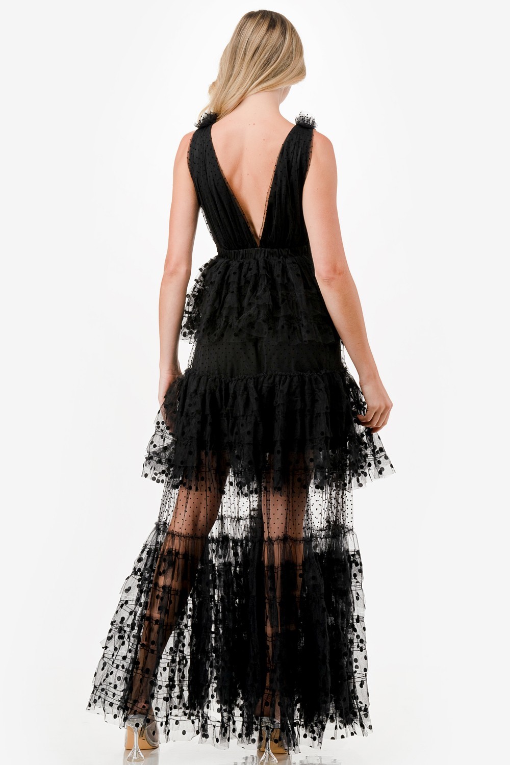 Dot Mix Fabric Mesh Maxi Dress