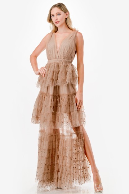 Dot Mix Fabric Mesh Maxi Dress